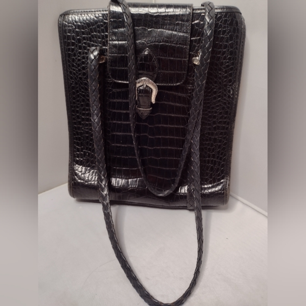 Brighton Black Leather Croc Satchel Handbag  Purse Braided Western Country